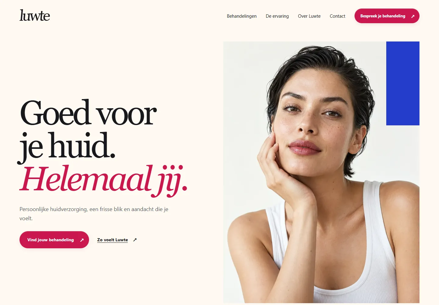 Desktoppreview van de ivoorkleurige Luwte-beautyconceptwebsite
