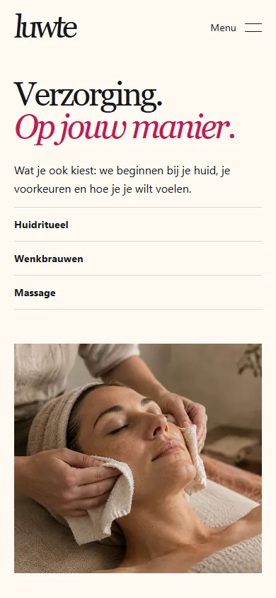 Mobiele preview van de Luwte-behandelingenpagina met huidritueel en massage