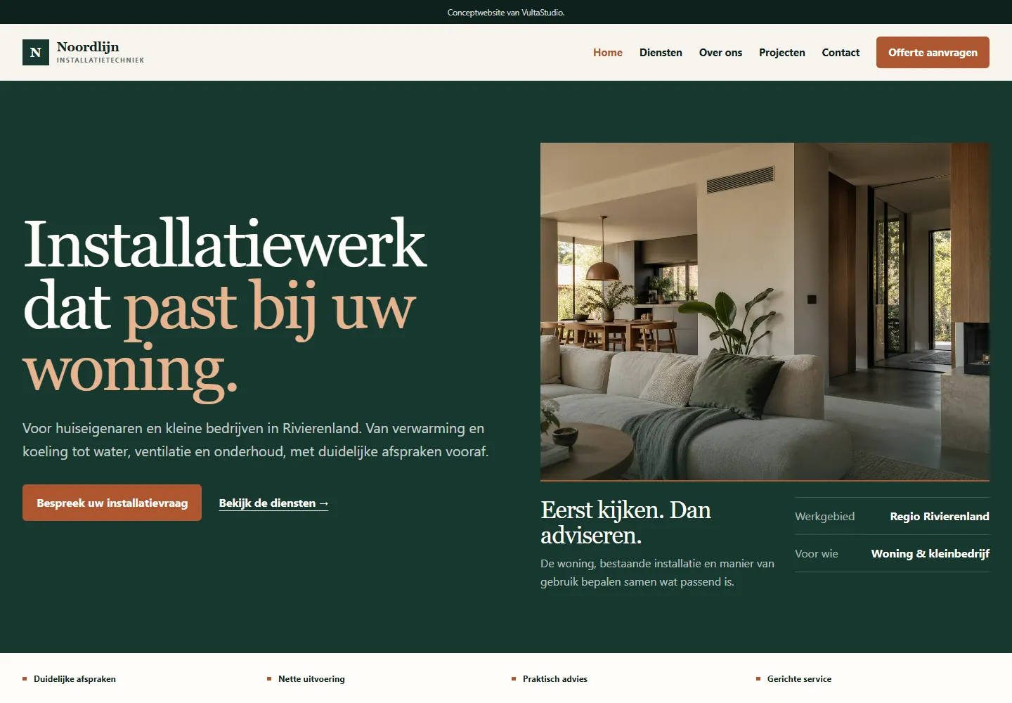 Desktoppreview van de groene Noordlijn-conceptwebsite voor installatietechniek