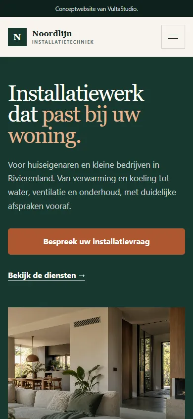 Mobiele preview van de Noordlijn-conceptwebsite met diensten en woningfotografie