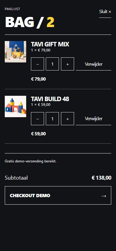 Mobiele preview van de TAVI conceptshop met een winkelmandje met twee producten